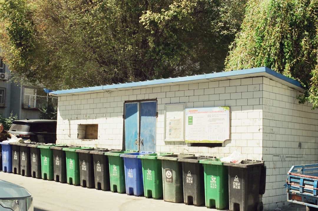 Uma Fileira De Latas De Lixo Verdes E Azuis Ao Lado De Um Predio LNXN8NgK3HQ