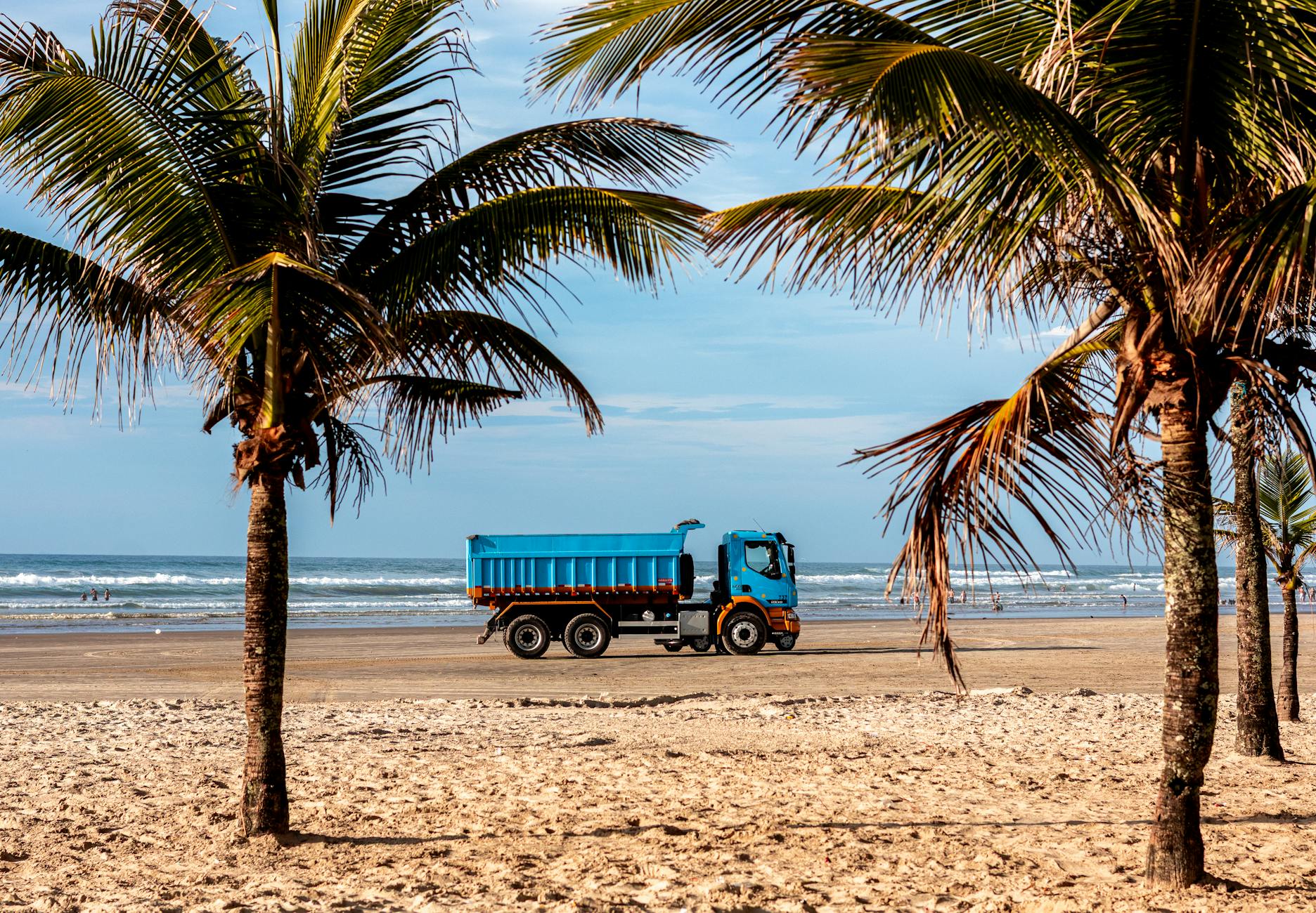 A vibrant truck driving along a sandy beach lined with palm trees under a clear blue sky.
